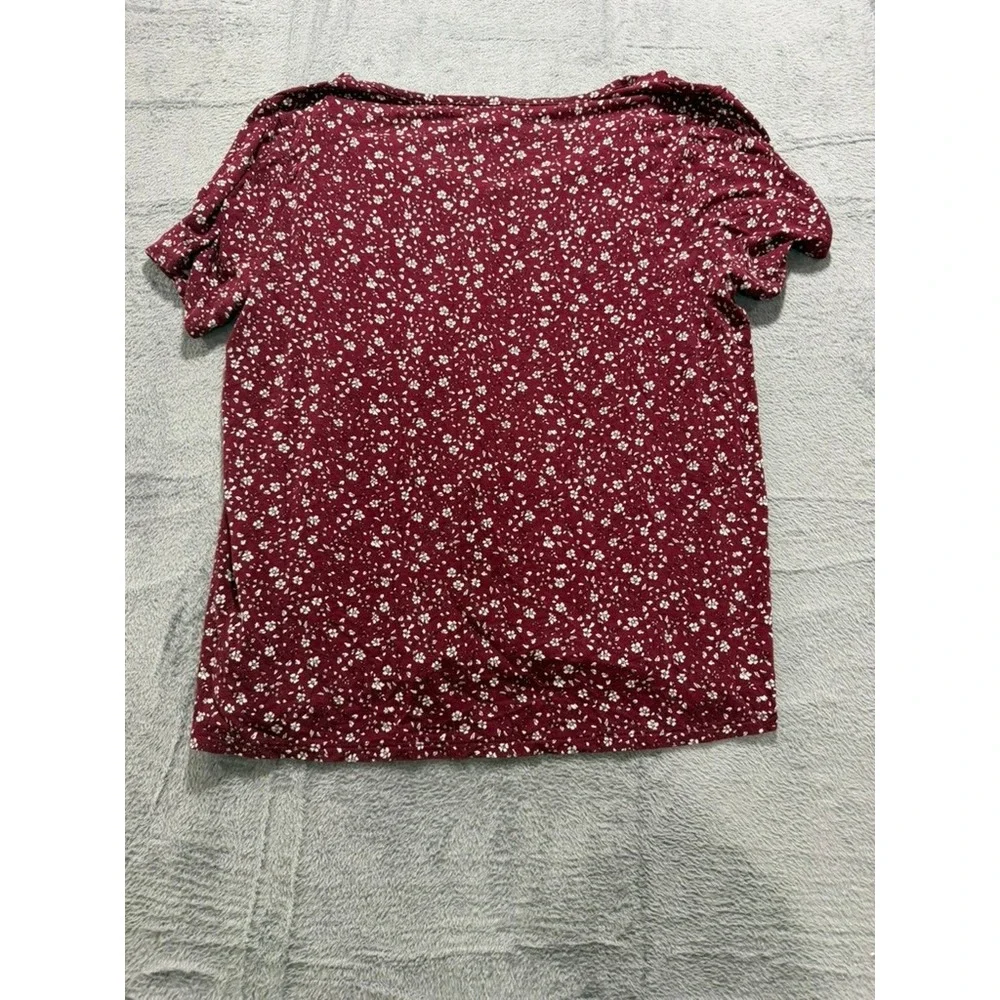 Old Navy Luxe Womens Large Burgundy Floral V-Neck Puff Short Sleeve‎ Top Shirt